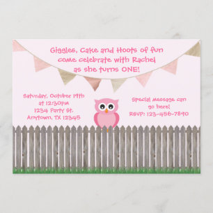 Pink Owl on Fence Birthday Invitation