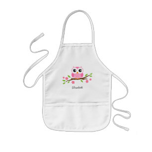 Pink owl on floral branch personalized name kids apron