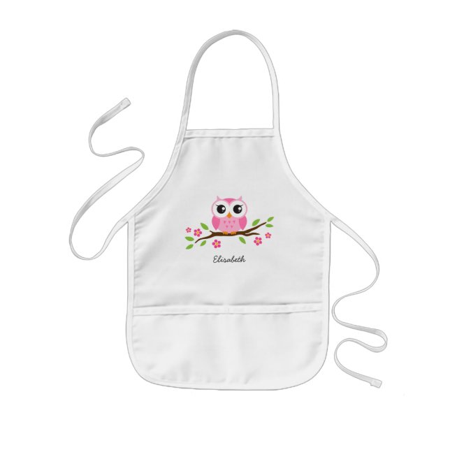 Pink owl on floral branch personalized name kids apron (Front)