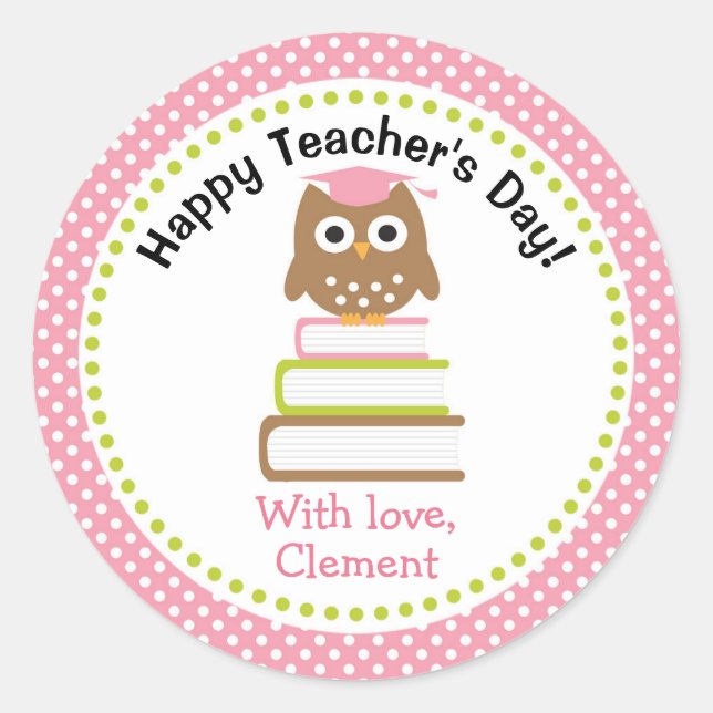 Pink Owl Teacher Appreciation Personalized Classic Round Sticker (Front)