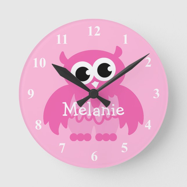 Pink owl wall clock with baby name for nursery (Front)
