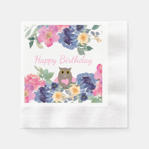 Pink Owl Watercolor Floral Birthday Napkin