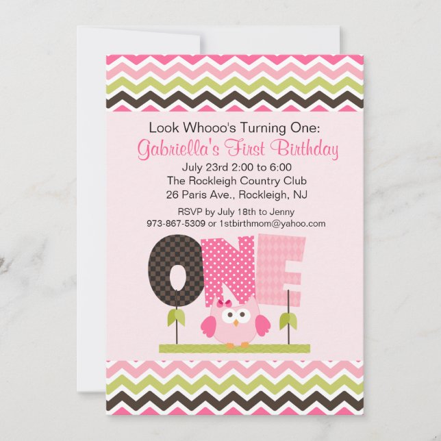 Pink Owl Who's turning One Birthday Invitation (Front)