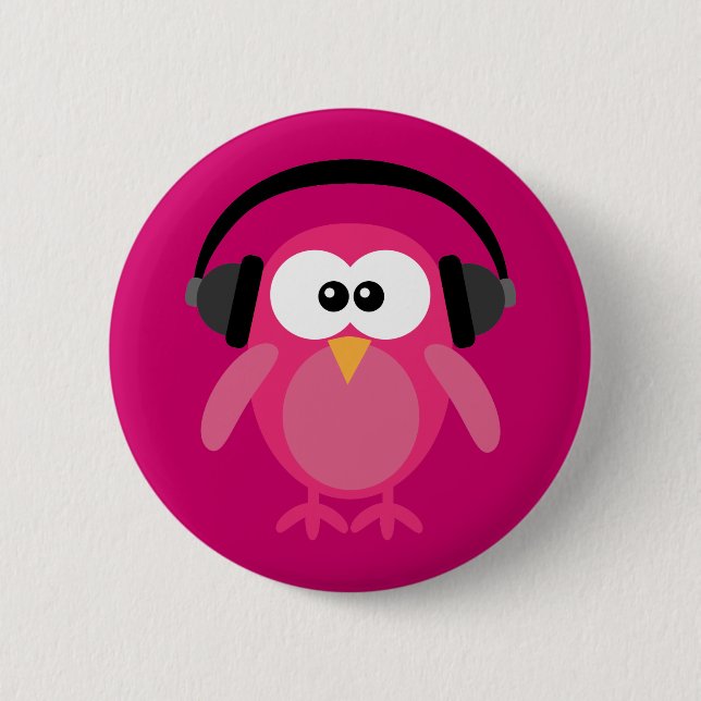 Pink Owl With Headphones 2 Inch Round Button (Front)