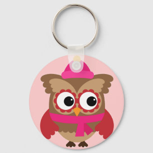 Pink Owl with Pink Scarf Button Keychain