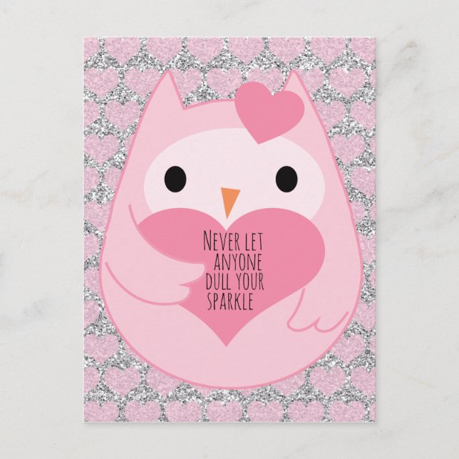 Pink Owl with Sparkle Quote Postcard (Front)