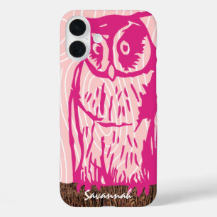 Pink Owl Wood Grain Pattern Choose Your Colour iPhone 16 Plus Case