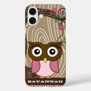 Pink Owl Wood Grain Tree Zig Zag Choose Colours iPhone 16 Plus Case