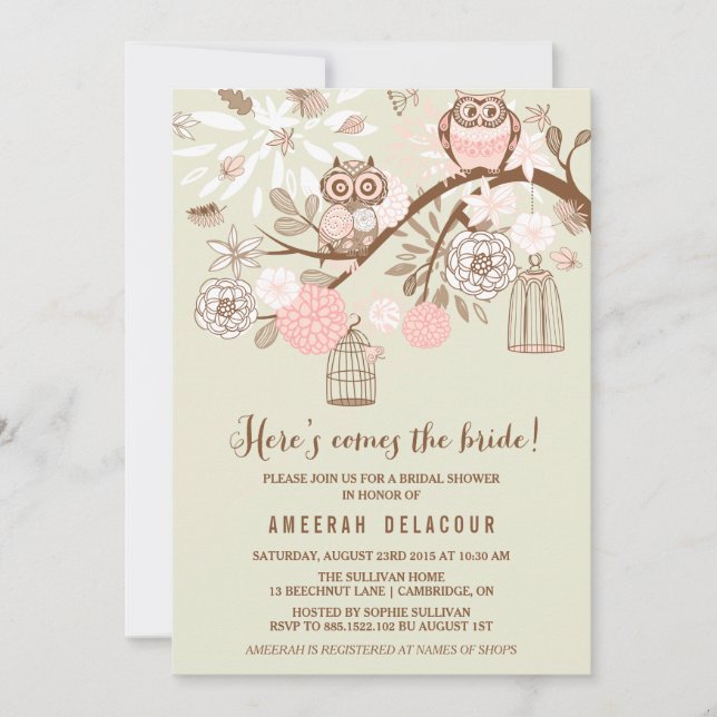 Pink Owls and Birdcages Bridal Shower Invitation (Front)