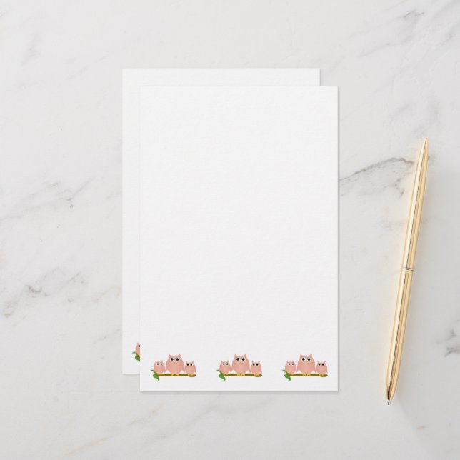 Pink Owls Design Stationery (Front/Back In Situ)