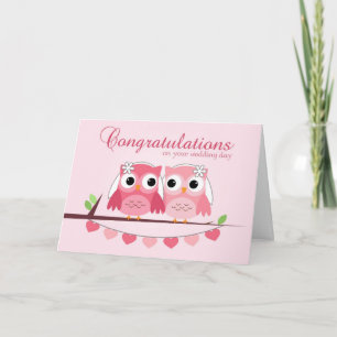Pink Owls, Pink Hearts, Lesbian Wedding Congrats Card