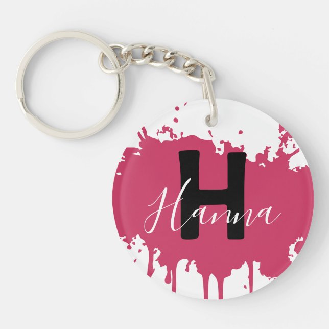 Pink Paint Splash Monogram Acrylic Bag Charm Keychain (Front)