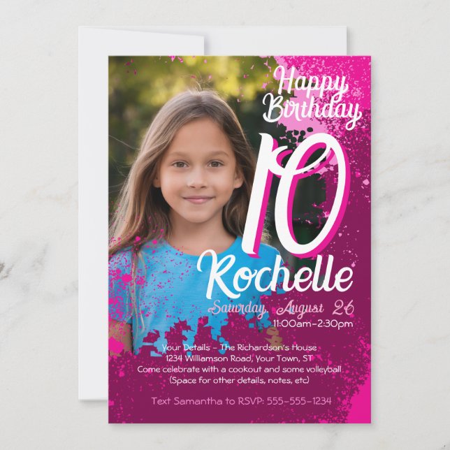 Pink Paint Splatter Photo 10th Birthday Invite (Front)