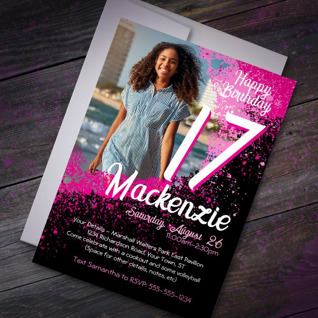Pink Paint Splatter Photo 17th Birthday Invitation (Creator Uploaded)