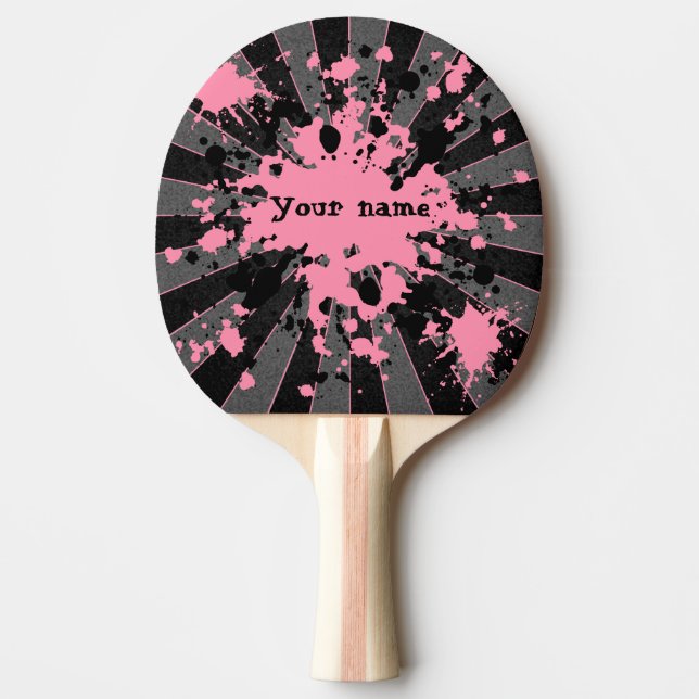 Pink paint splatters black and grey personalized ping pong paddle (Front)