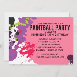 Pink Paintball Splatter Paintball Birthday Party Invitation