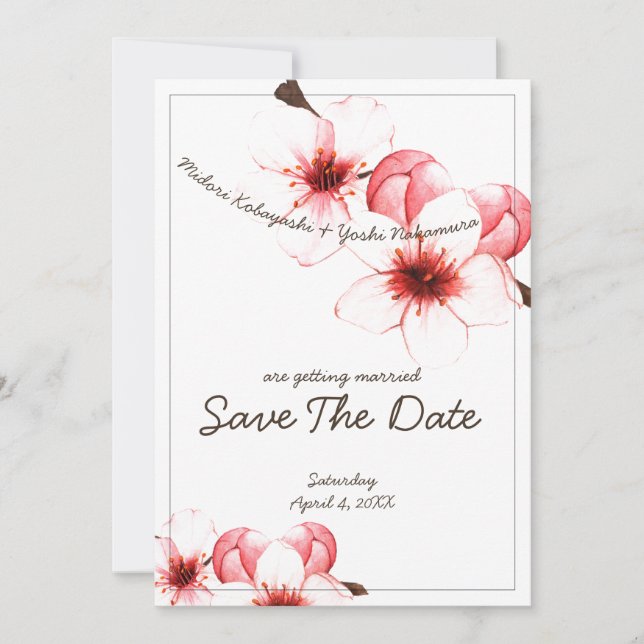Pink Painted Cherry Blossom Wedding Save The Date (Front)