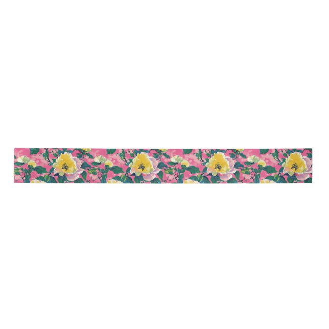 Pink Painted Chinoiserie Floral Satin Ribbon (Front)