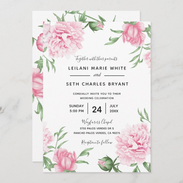 Pink Painted Floral Peonies Wedding Invitation (Front/Back)