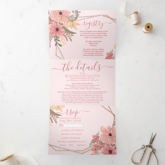 Pink Painted Flowers Glitter Registry Detail RSVP Tri-Fold Invitation (Inside)