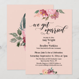 Pink Painted Flowers We Got Married Script, Blush Invitation