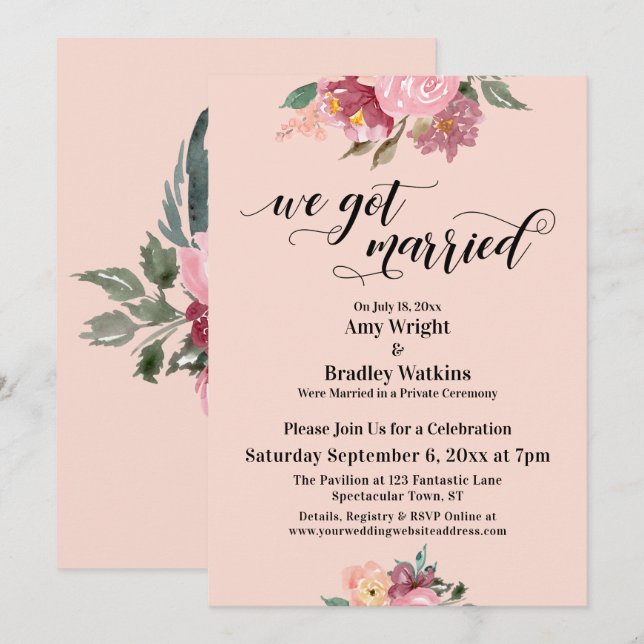 Pink Painted Flowers We Got Married Script, Blush Invitation (Front/Back)