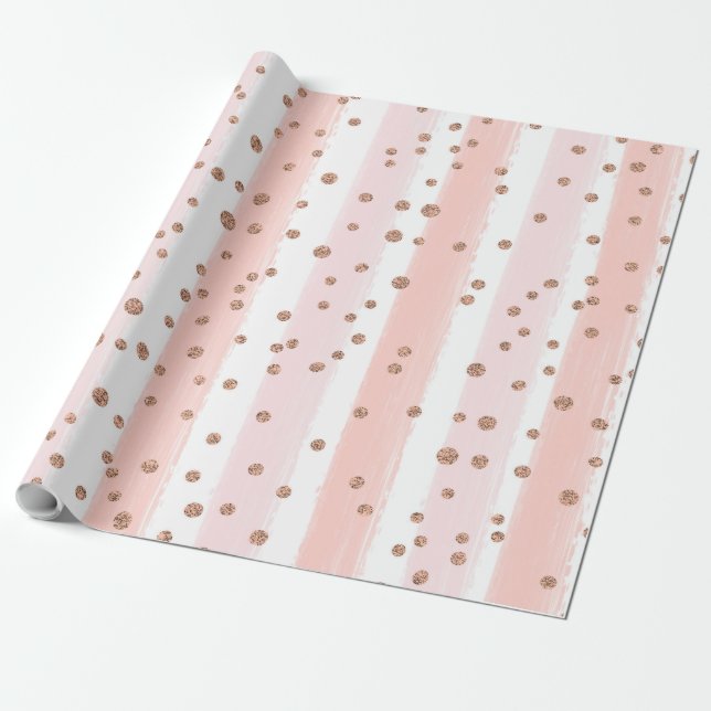Pink Painted Stripes & Gold Confetti Pattern Wrapping Paper (Unrolled)