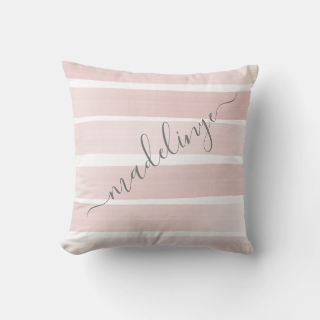 Pink Painted Stripes with Grey Name Personalized Throw Pillow (Front)