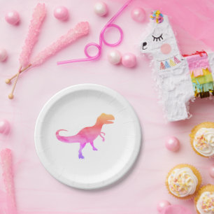 Pink Painting Dinosaur Silhouette Trex Paper Plate