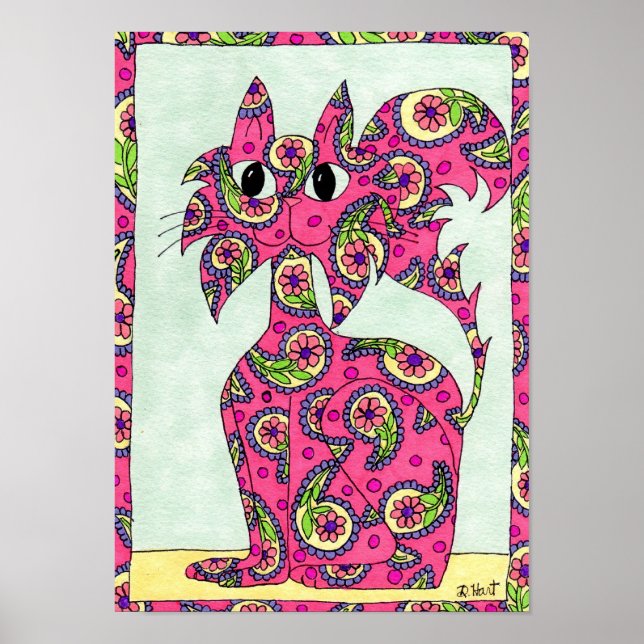 Pink Paisley Cat Folk Art Poster (Front)