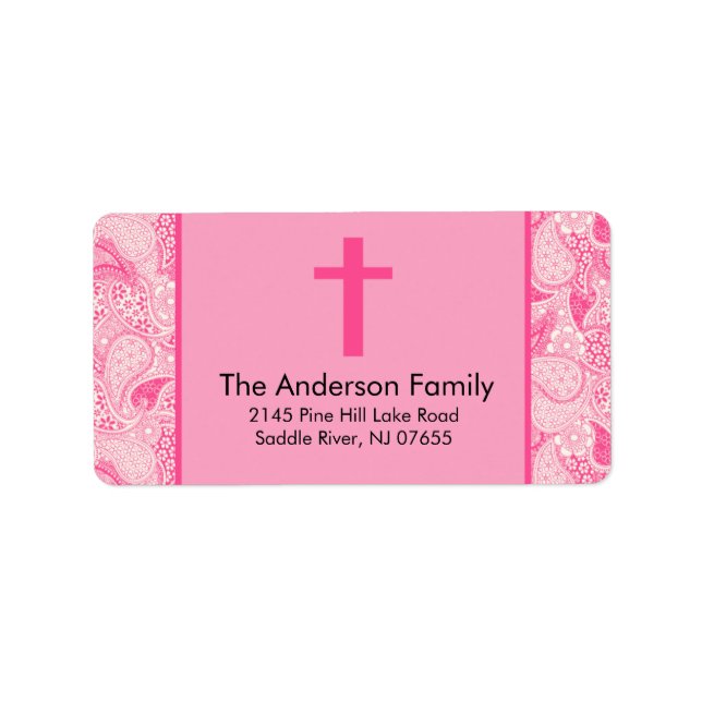 Pink Paisley Cross Religious Baptism Address Label (Front)