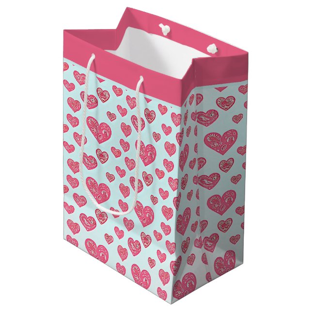 Pink paisley hearts valentine  medium gift bag (Front Angled)