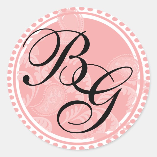 Pink Paisley monogram Classic Round Sticker (Front)