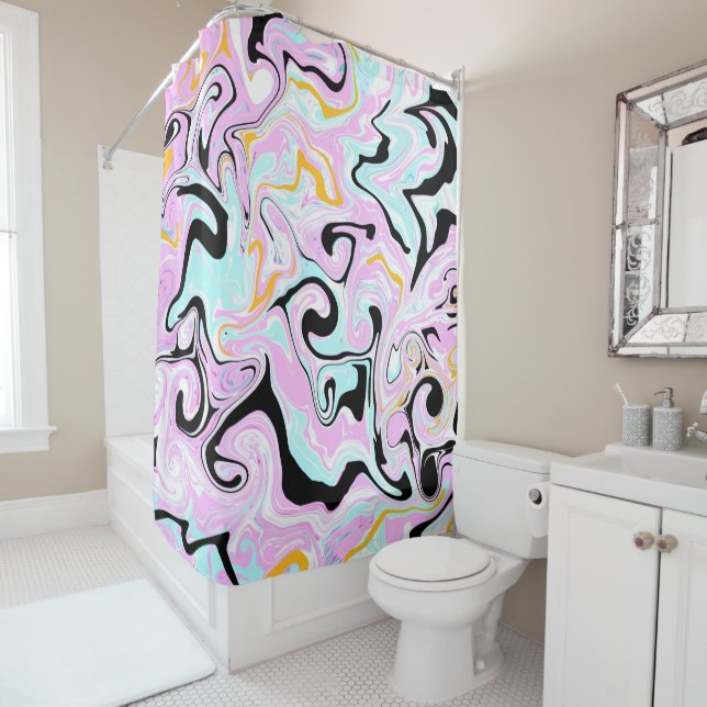 Pink, Pale Blue Black and Gold Swirls Fluid Art (In Situ)