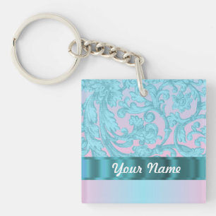 Pink & pale blue damask lace keychain