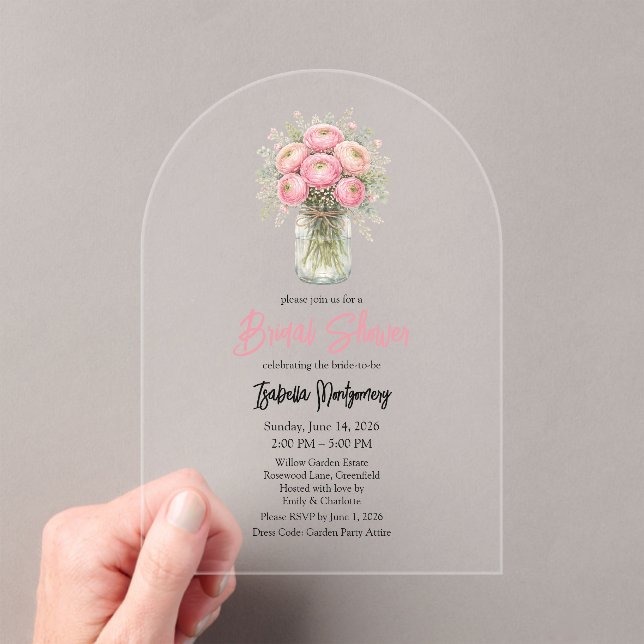 Pink Palette Ranunculus Mason Jar Bridal Shower Acrylic Invitations (Insitu (Handheld))