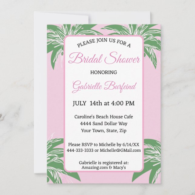 Pink Palm Bridal Shower Invitation | Tropical Palm (Front)