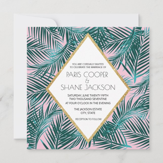 Pink Palm Deco Wedding Invitation (Front)