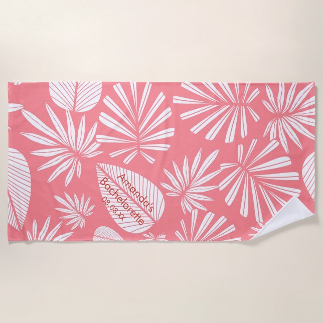 Pink Palm Leaf Bachelorette Party Personalized  Beach Towel (Front)