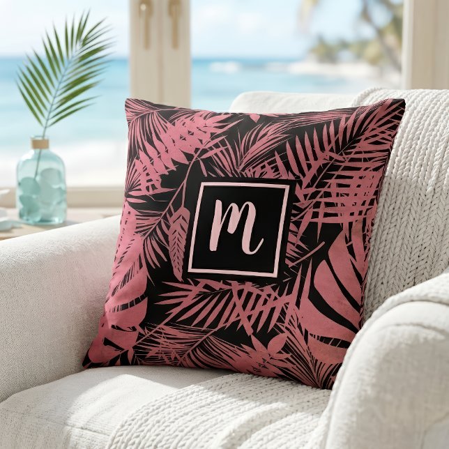 Pink palm leaf pattern monogram modern script  throw pillow (Creator Uploaded)