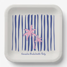 Pink Palm Pair on Blue Stripes Bachelorette Party