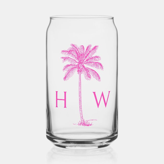 Pink Palm Palmetto Tree Monogram Can Glass (Front)