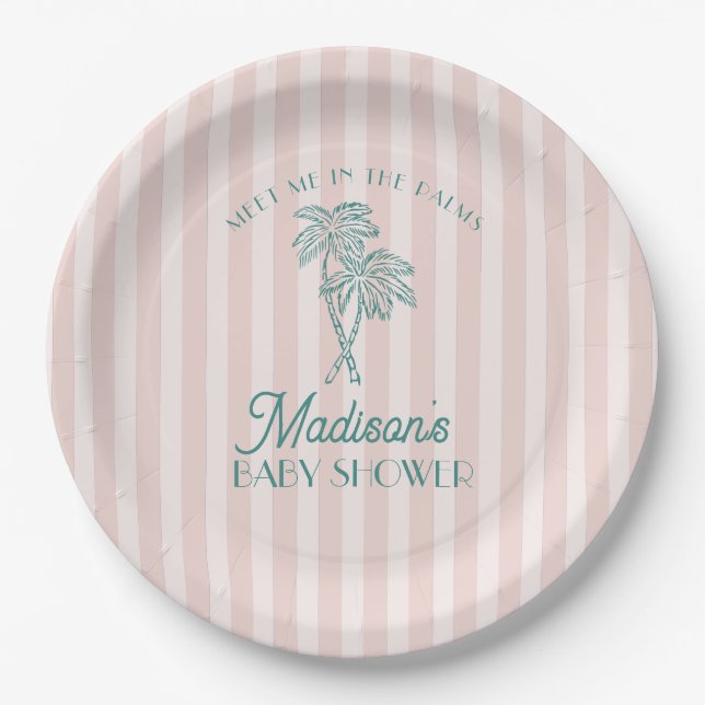 Pink Palm Spring Pastel Beach Baby Shower Paper Plate (Front)