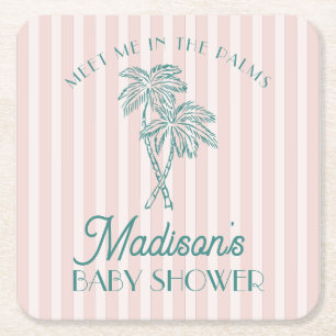 Pink Palm Spring Pastel Beach Baby Shower Square Paper Coaster
