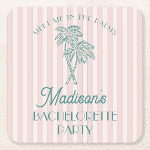 Pink Palm Spring Pastel Beach Bachelorette Party Square Paper Coaster