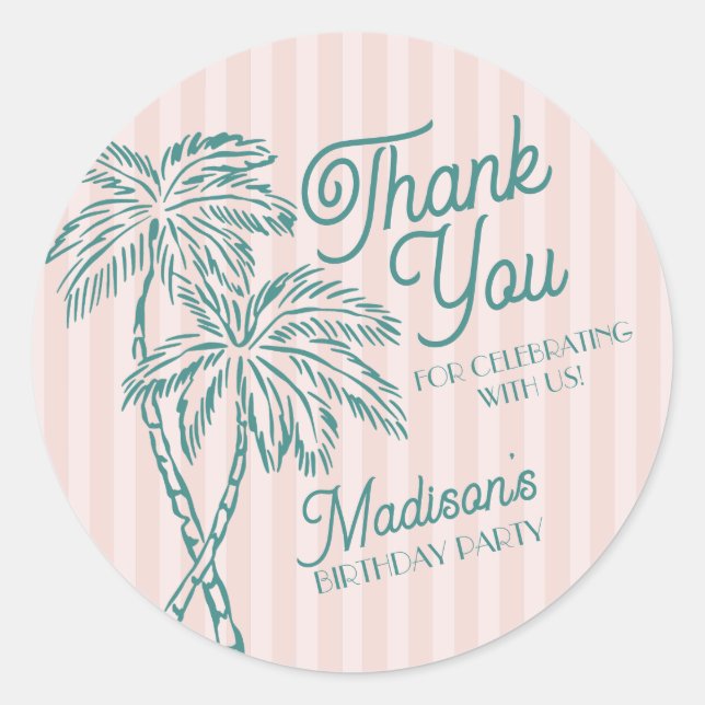 Pink Palm Spring Pastel Beach Birthday Favour Classic Round Sticker (Front)