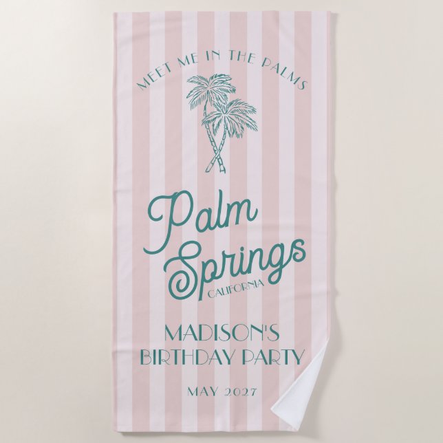 Pink Palm Spring Pastel Beach Birthday Party Beach Towel (Front)