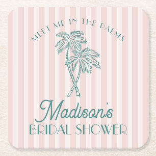 Pink Palm Spring Pastel Beach Bridal Shower Square Paper Coaster