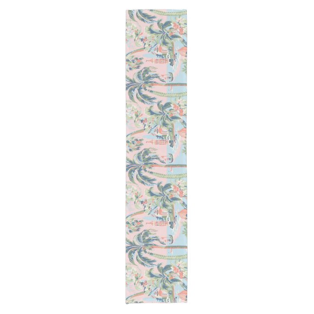 Pink Palm Toile Table Runner, Tropical Scenic Prin Short Table Runner (Front)