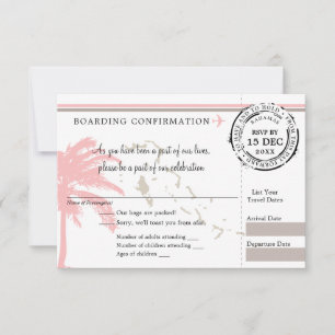 Pink Palm Tree Bahamas Boarding Pass Wedding RSVP Card